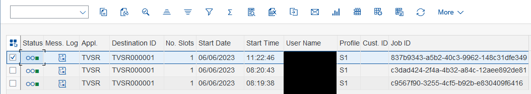 rcc_log application view with marked row
