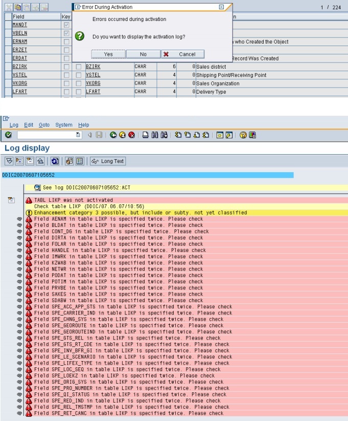 DDIC_ACTIVATION log detailing the problem