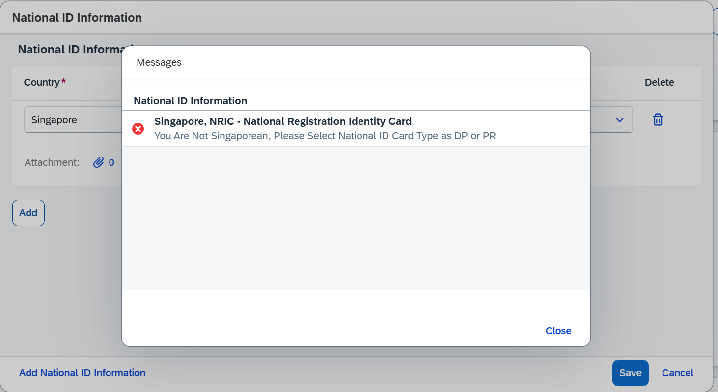 Validation error message