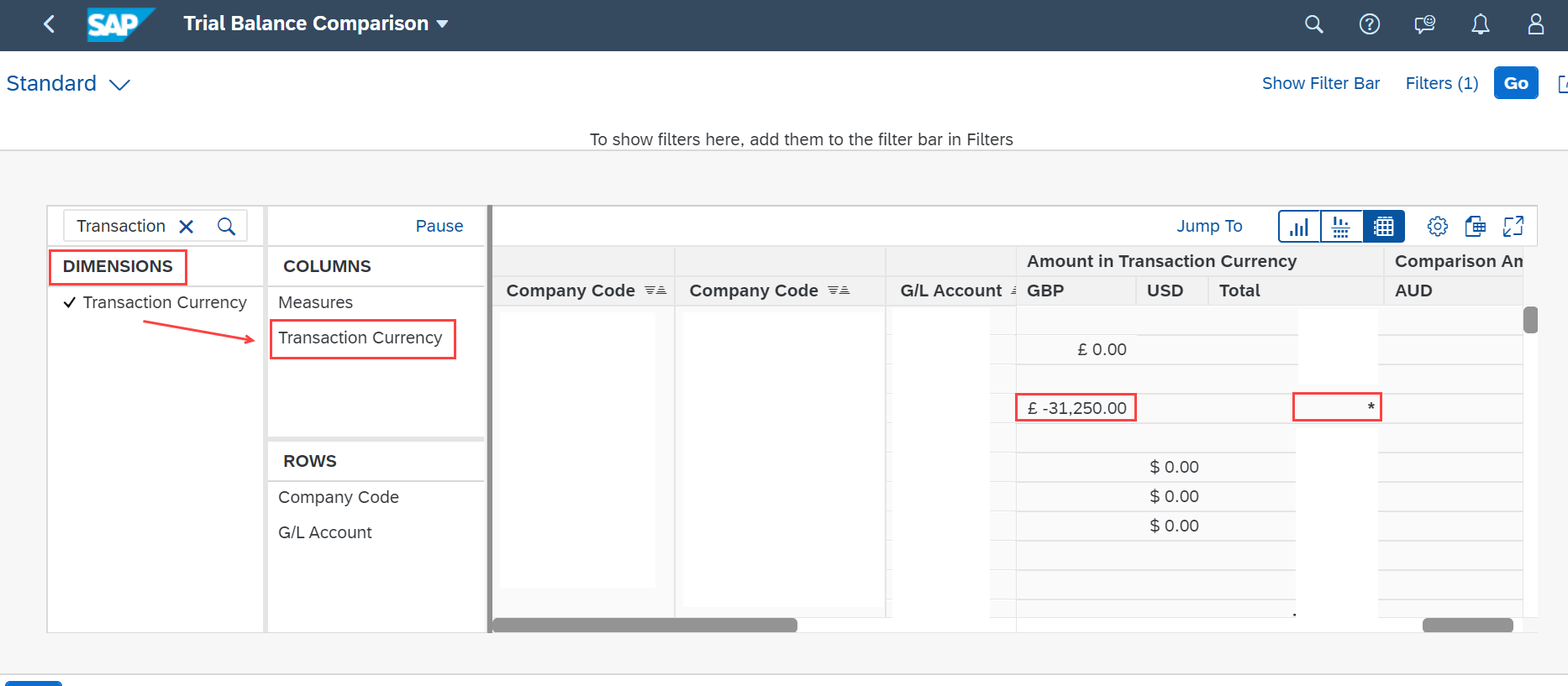 2918302 fiori app trial balance comparison report showing for