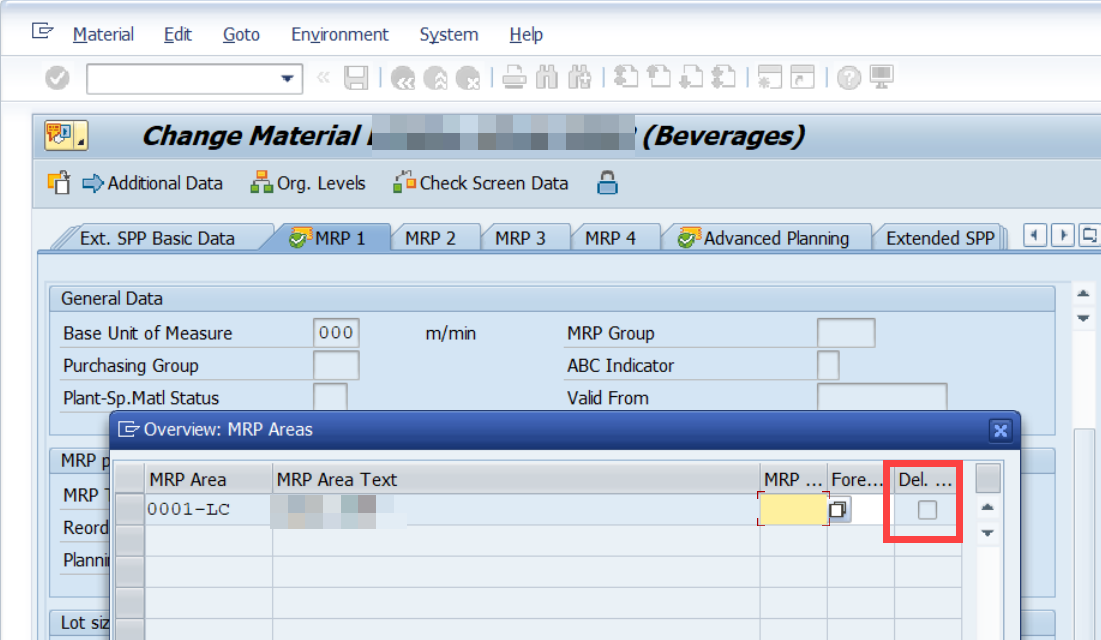 [е Material Edt G0t0 Enywonment System Нф Change MateriaI (Beverages) *AddtJonal Data Отд. Levek Check Screen Data Ext. SPP Bast Data General Data Base Unt of Measure Purchashg Group Phnt-Sp.Matl Status ()vervew: MRP Areas MRP2 MRP3 MRP 4 000 m/mh MRP Group АВС Indicator Vakj Вот _п MRP MRP MRP 0001-LC MRP Теп MRP Роге.. Del. .