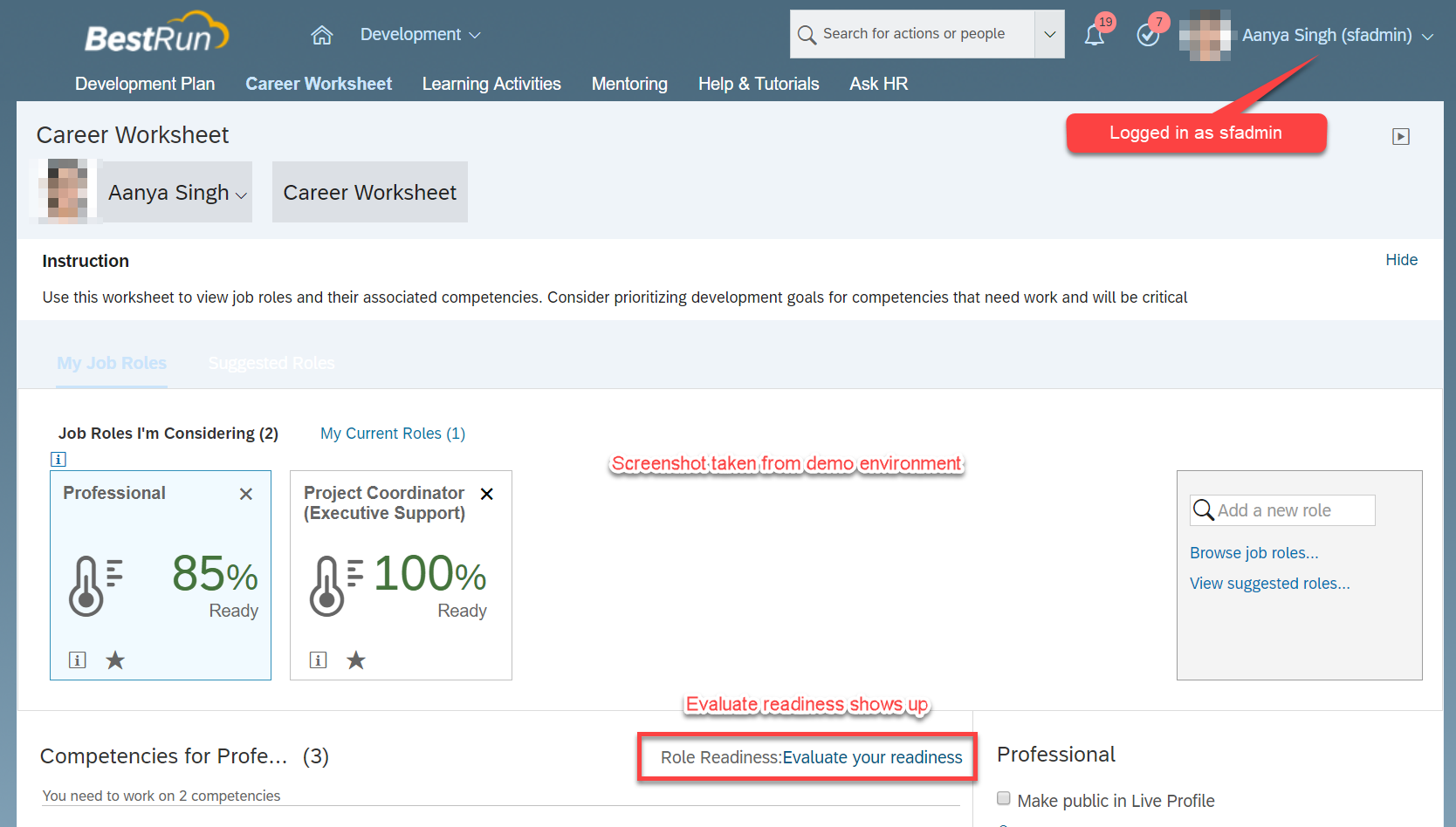 career worksheet evaluate readiness - logged in as sfadmin.png