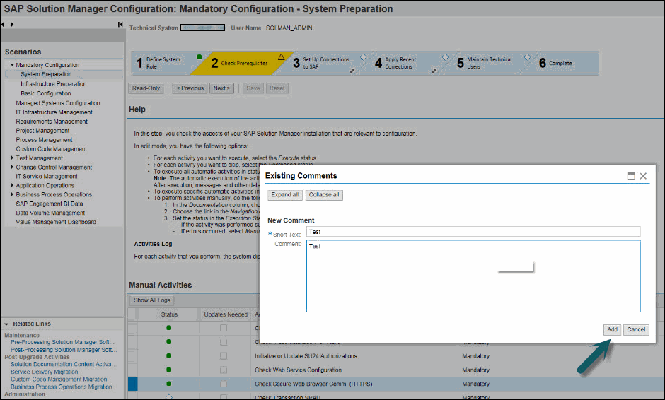 2277125 Dump in SOLMAN_SETUP // System Preparation Editing Comment